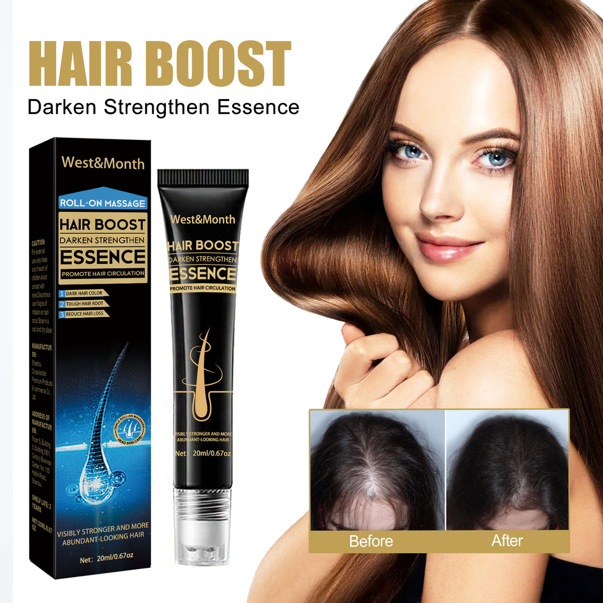 West&Month Hair Boost Darken Strengthen Essence, Scalp Massage Moisturizing Hair Roots Thick Smooth Hair Care Ball