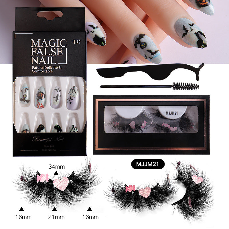 Halloween False Eyelashes Europe And America Multi-Layer Thick Messy Mink Hair Nail And Eyelash Set