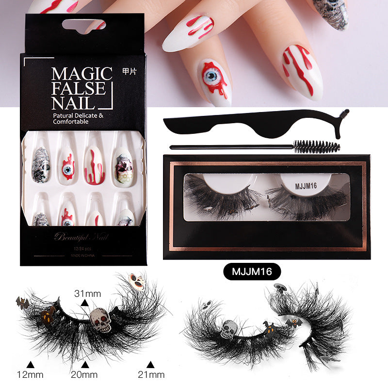 Halloween False Eyelashes Europe And America Multi-Layer Thick Messy Mink Hair Nail And Eyelash Set