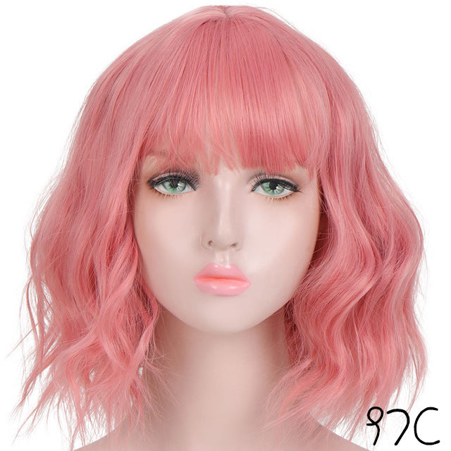 Fashion chemical fiber wig pink short curly corn perm bob hair set European and American short hair wig ladies headgear