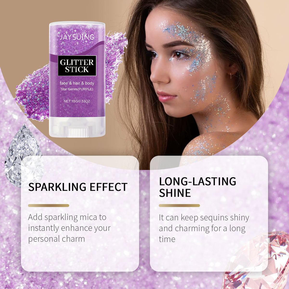 Jaysuing Sequined Glitter Stick (Purple), Party Dance, Performance, Makeup, Face, Body, Collarbone, Highlight And Shine