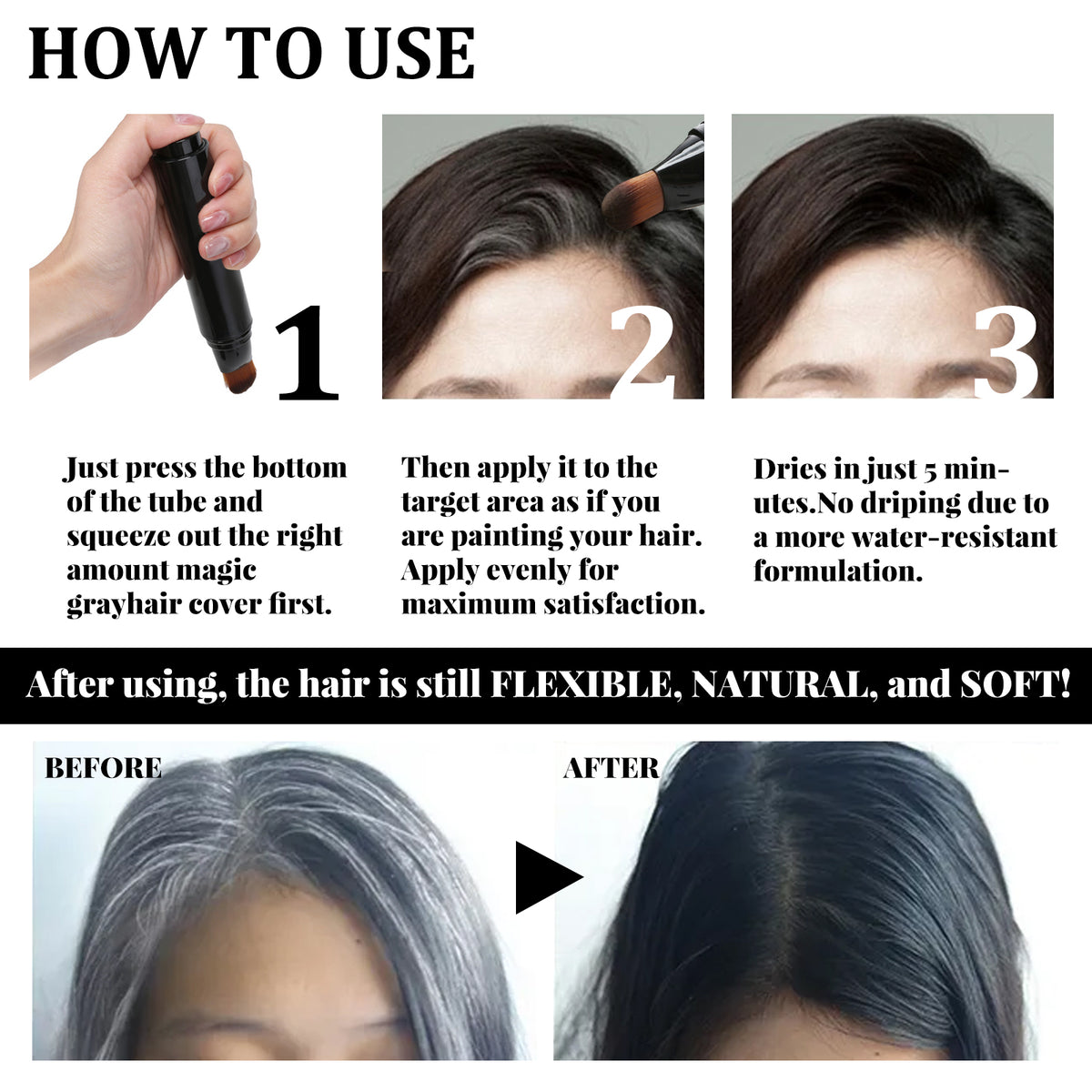 Disposable Plant Hair Stick, Hair Without Damage Repair Color Black Brown Quick White Hair Cover Stick