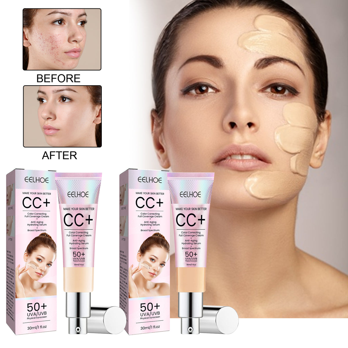EELHOE Face Repair Cc Cream Natural Concealer, Water Resistant, Moisturizing And Repairing Brightening Skin