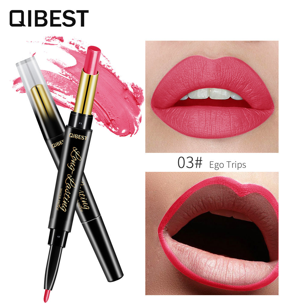 QIBEST Double-Ended Lipstick Pen Moisturizing Matte Matte Lipstick + Lip Liner Rotating Lip Liner