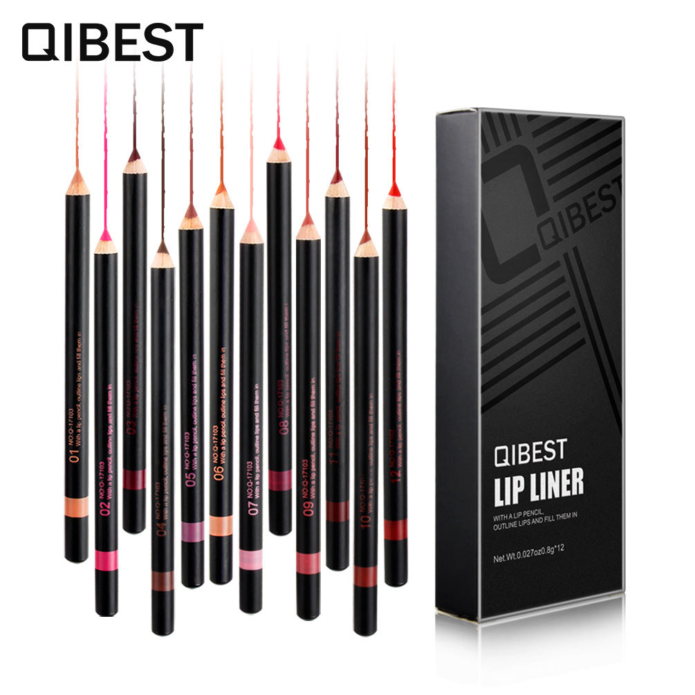 QIBEST Fashion Black Rod Lip Liner 12 Colors Mixed Color Lip Liner Set Waterproof Retouching Lipstick Pen
