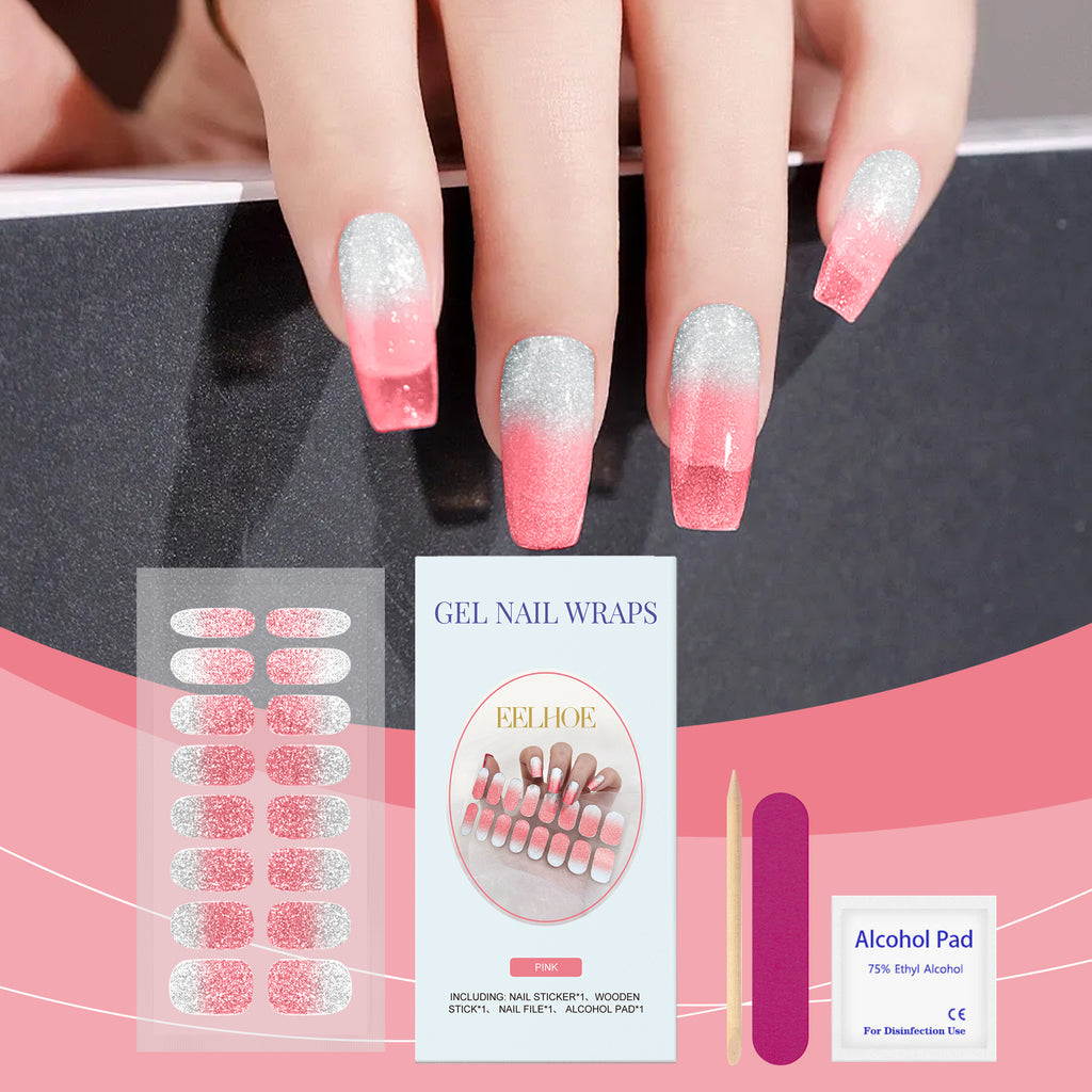 EELHOE Soft Gel Nail Sticker Set (Shiny Pink) Semi-Baked Nail Paper, Fresh And Shiny Minimalist Style Soft Nail Stickers