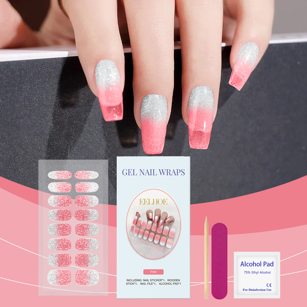 EELHOE Soft Gel Nail Sticker Set (Shiny Pink) Semi-Baked Nail Paper, Fresh And Shiny Minimalist Style Soft Nail Stickers