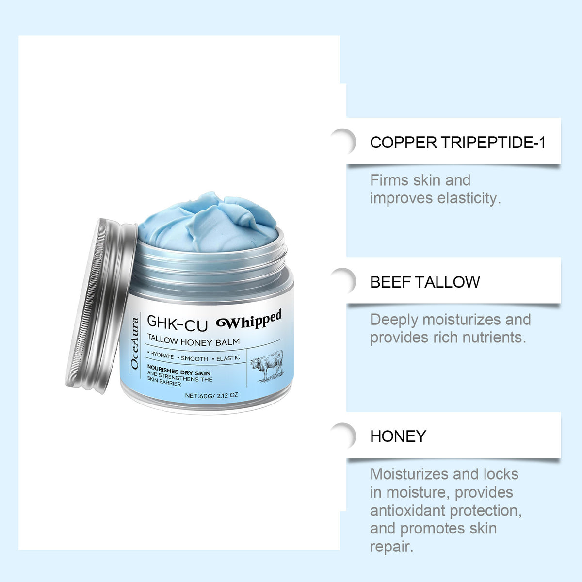 OCEAURA Beef Tallow &amp; Honey Body Balm Hydrating Silky Smooth Lightweight Non-Greasy Moisturizer