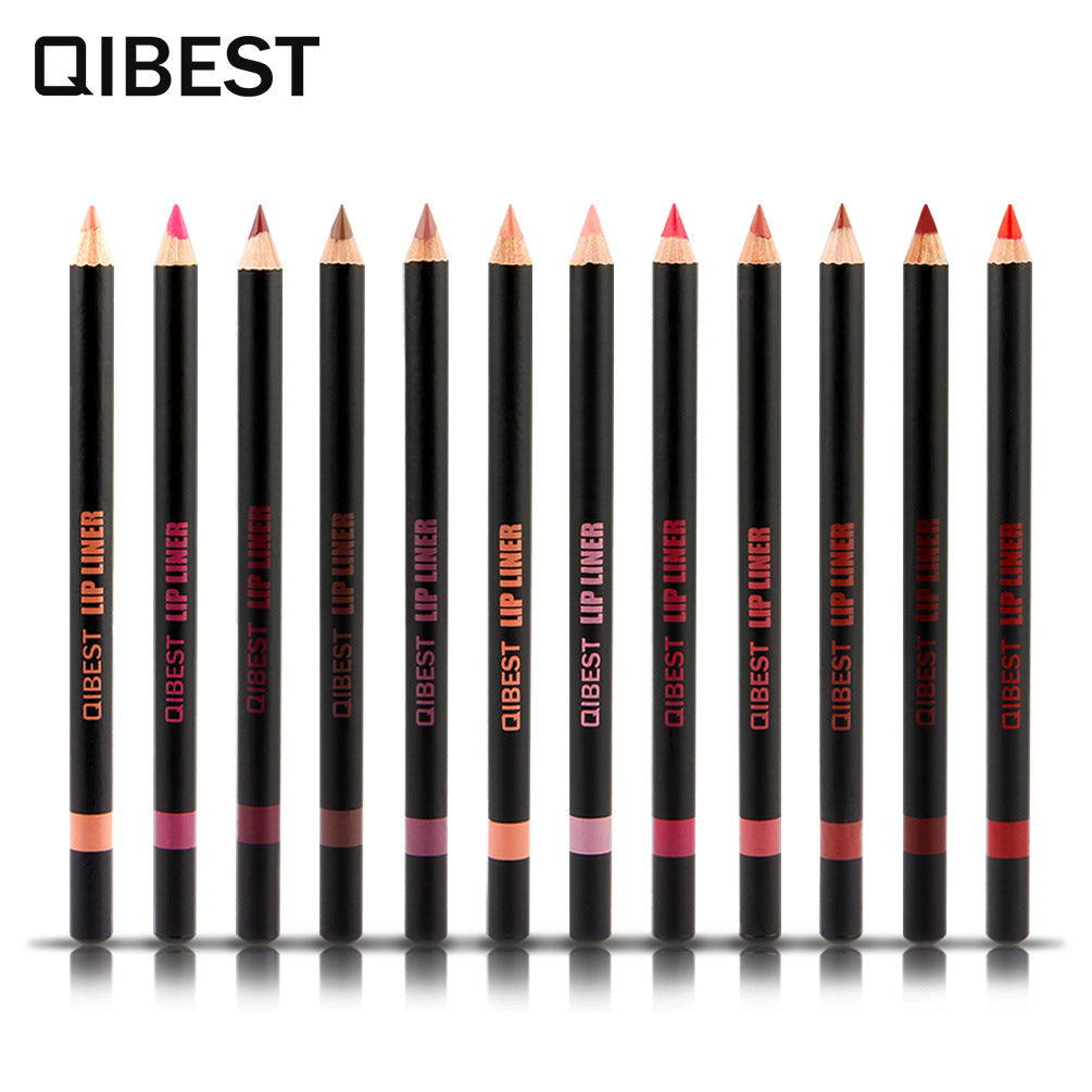 QIBEST Fashion Black Rod Lip Liner 12 Colors Mixed Color Lip Liner Set Waterproof Retouching Lipstick Pen