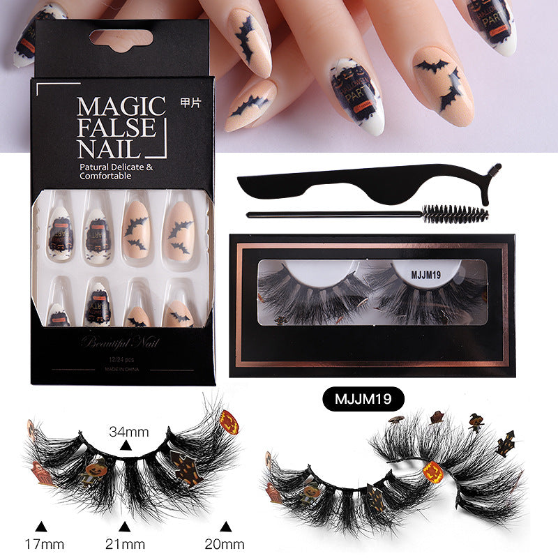 Halloween False Eyelashes Europe And America Multi-Layer Thick Messy Mink Hair Nail And Eyelash Set