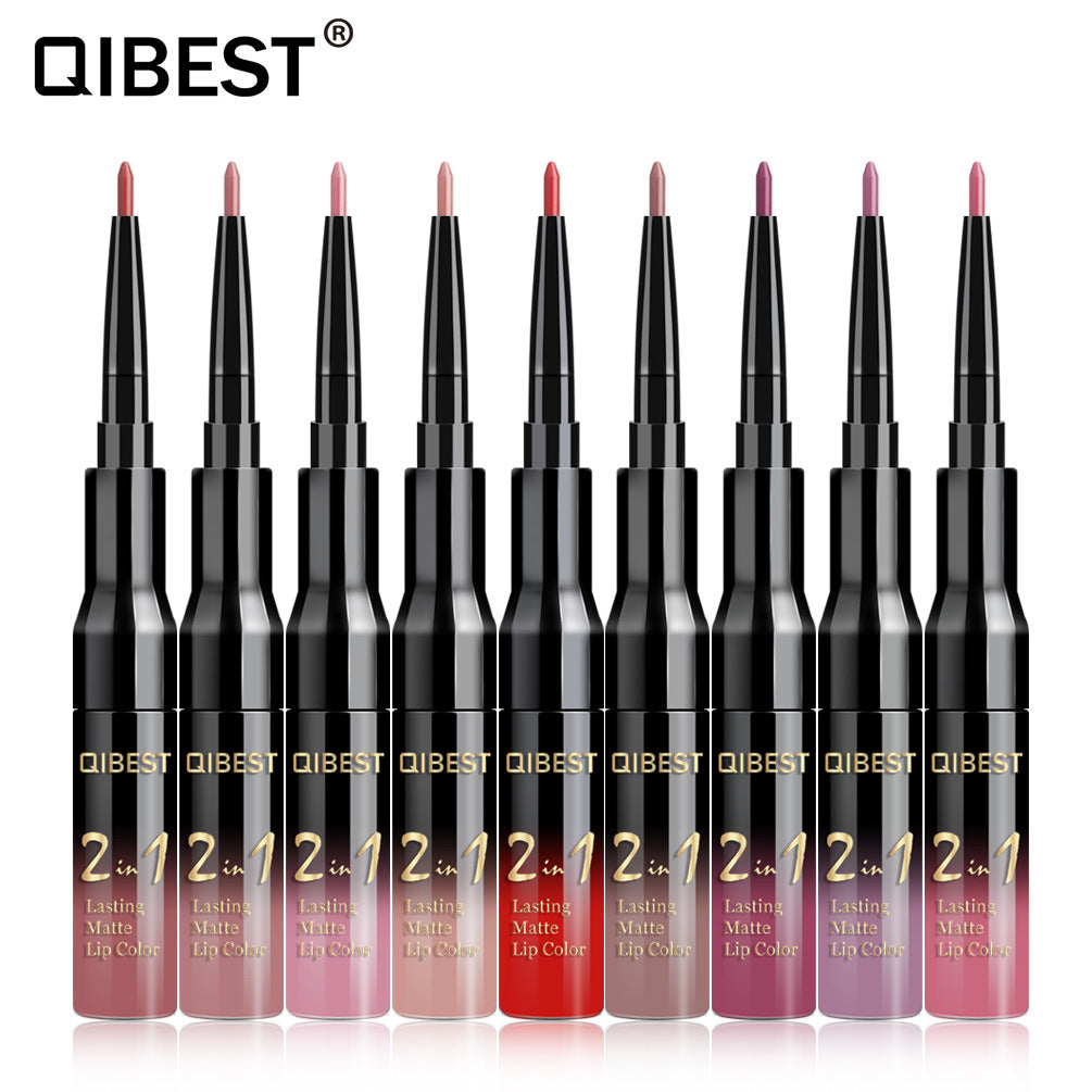 QIBEST2 In 1 Lip Gloss + Lip Pencil Matte Non Stick Liquid Lipstick Double Head Lip Gloss Pen