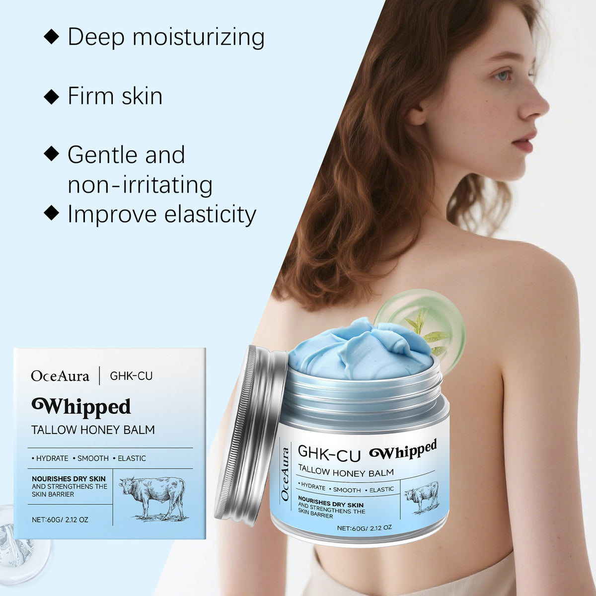 OCEAURA Beef Tallow &amp; Honey Body Balm Hydrating Silky Smooth Lightweight Non-Greasy Moisturizer