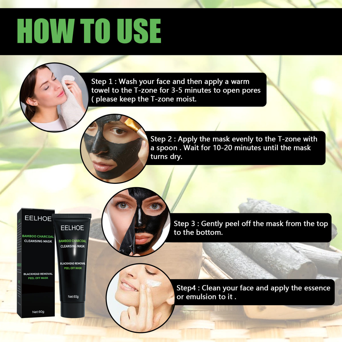 EELHOE Bamboo Charcoal Blackhead Removal Mask, Deep Cleanse Pores And Acne T-Zone Oil Control With A Peel Mask