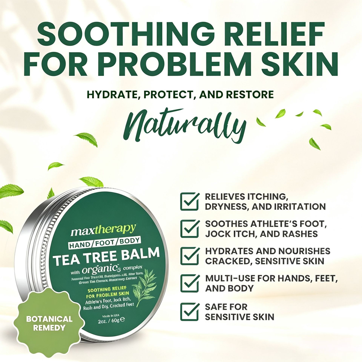 Tea tree cream gently cares for the body, moisturizes the face, and leaves the skin hydrated, elastic, and delicate